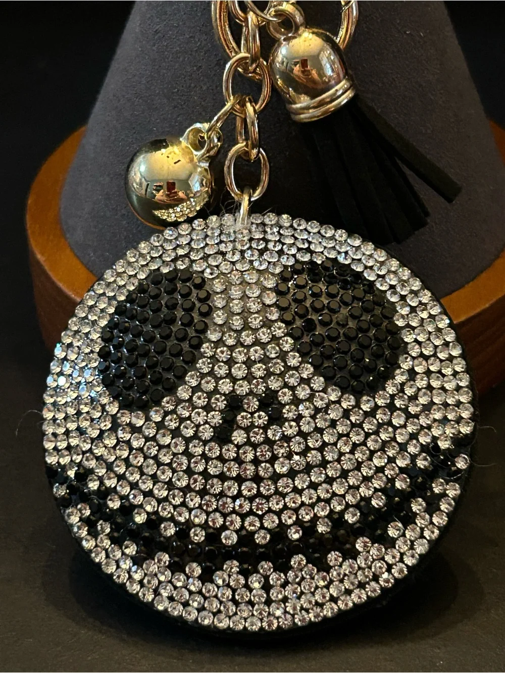 PREMIUM Puffy Black & Silver Halloween Round Crystal Skull 💀 Bag Charm Keychain